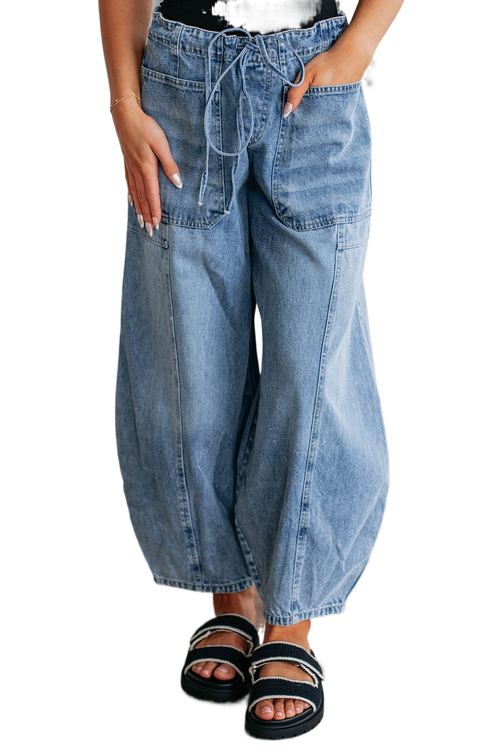Myosotis Large Patch Pocket High Waist Drawstring Barrel Jeans for Women - Main View Myosotis Large Patch Pocket High Waist Drawstring Barrel Jeans for Women - Main View