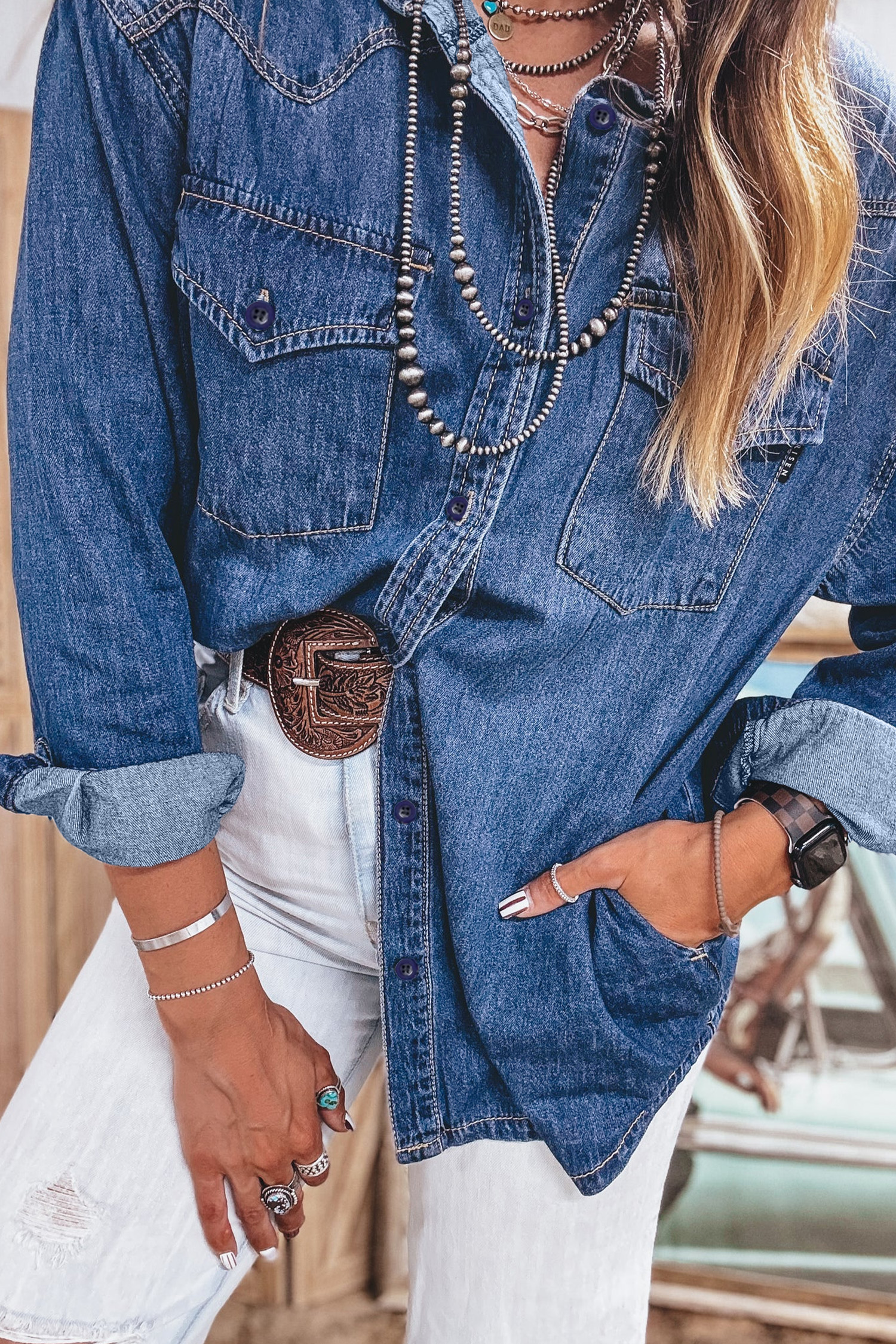 Sail Blue Denim Shirt, Casual Long Sleeve Western Style Top - Detail View 5 Sail Blue Denim Shirt, Casual Long Sleeve Western Style Top - Detail View 5