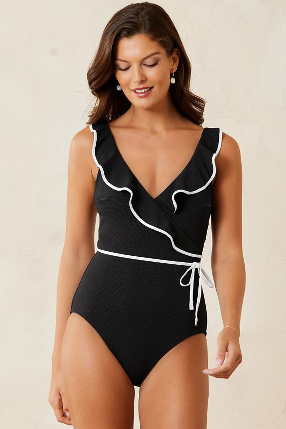 Women's Elegant Black Color Contrast Ruffled Wrap V Neck One-Piece Swimsuit - Detail View 13 Women's Elegant Black Color Contrast Ruffled Wrap V Neck One-Piece Swimsuit - Detail View 13