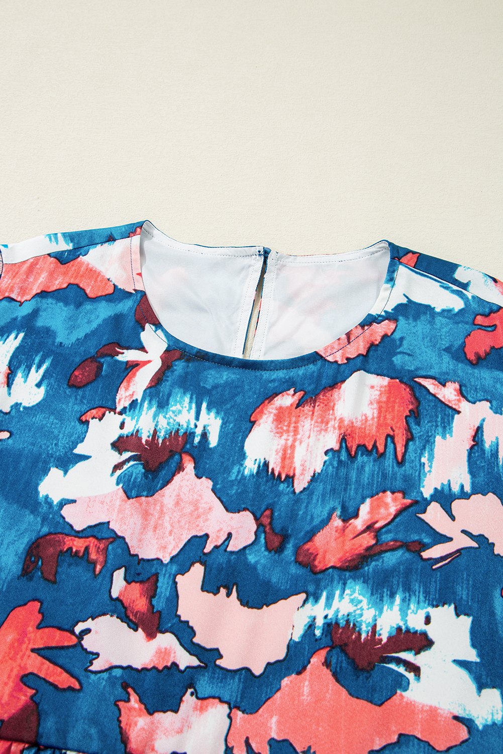 Plus Size Dress, Blue Mini Dress, Abstract Print, Ruffled Sleeves, Shirred Design, Lightweight, Flowy, Casual Style, Daily Wear, Tiered Silhouette, Feminine Touch, Round Neck, Short Sleeve, High Waist - Detail View 8 Plus Size Dress, Blue Mini Dress, Abstract Print, Ruffled Sleeves, Shirred Design, Lightweight, Flowy, Casual Style, Daily Wear, Tiered Silhouette, Feminine Touch, Round Neck, Short Sleeve, High Waist - Detail View 8