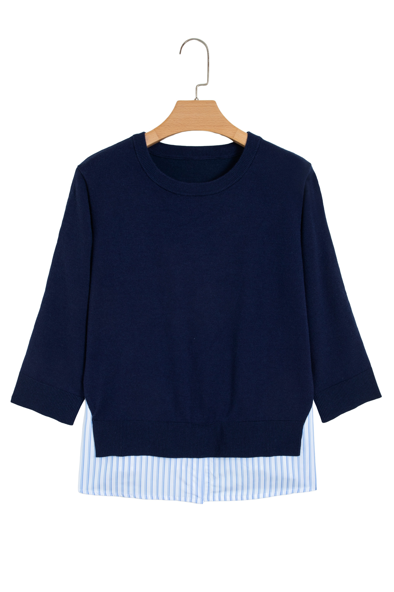 Navy Blue Striped Knit Top, Women's Long Sleeve Shift Style - Detail View 5 Navy Blue Striped Knit Top, Women's Long Sleeve Shift Style - Detail View 5