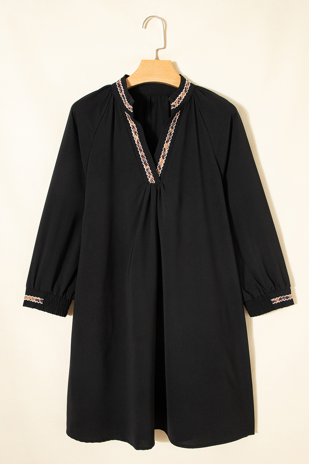 Women's Black V-Neck Shift Mini Dress with Bracelet Sleeves for Daily Wear - Detail View 13 Women's Black V-Neck Shift Mini Dress with Bracelet Sleeves for Daily Wear - Detail View 13