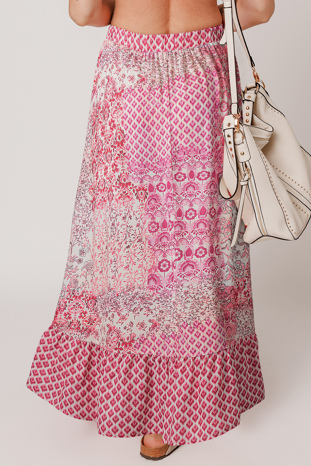 Playful Bohemian Style Long Maxi Dress - Floral & Geometric Print, Tassel Detail - Detail View 2 Playful Bohemian Style Long Maxi Dress - Floral & Geometric Print, Tassel Detail - Detail View 2