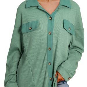 Women's Grass Green Waffle Knit Vintage Patchwork Button Up Loose Shirt - Main View