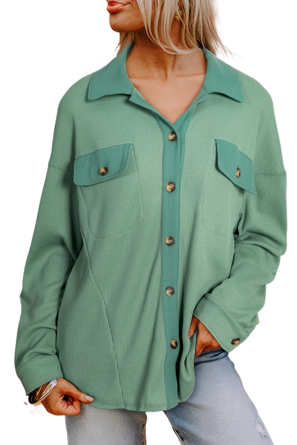 Women's Grass Green Waffle Knit Vintage Patchwork Button Up Loose Shirt - Main View Women's Grass Green Waffle Knit Vintage Patchwork Button Up Loose Shirt - Main View