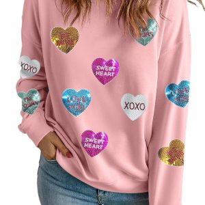 Women's Pink Sequin Heart Graphic Sweatshirt - Romantic Letters for Valentine's Day - Main View