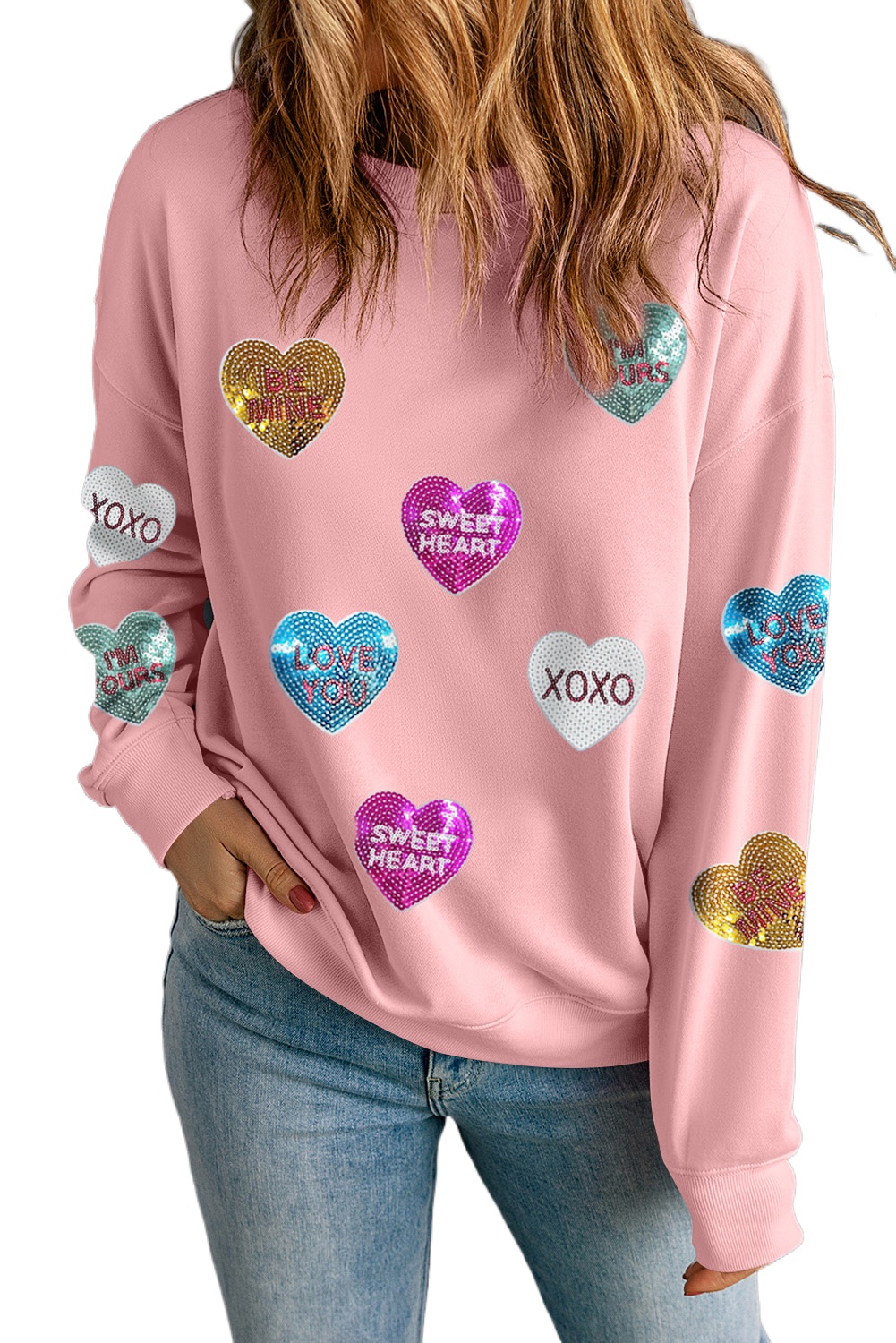 Women's Pink Sequin Heart Graphic Sweatshirt - Romantic Letters for Valentine's Day - Main View Women's Pink Sequin Heart Graphic Sweatshirt - Romantic Letters for Valentine's Day - Main View