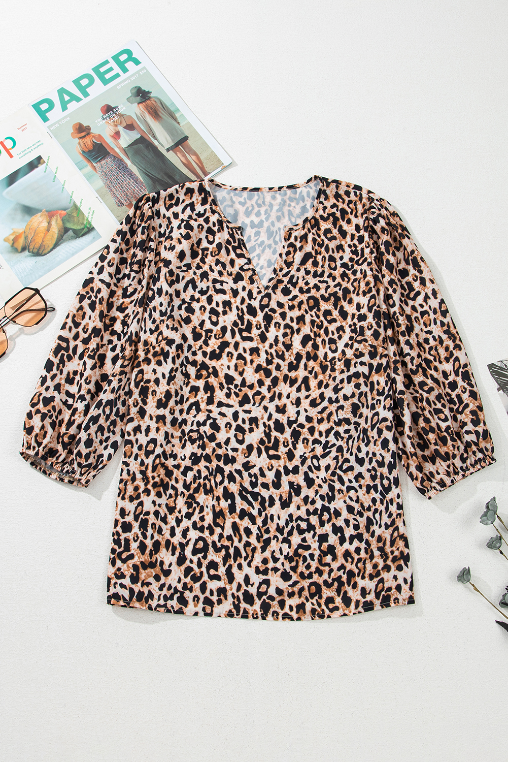 Women's Blouse, Apricot Leopard, V Neck, Half Sleeve, Casual Style, Trendy Look, Relaxed Fit, Easy Wear, Summer Fashion, Feminine Design, Chic Top, Tops & Shirts - Detail View 4 Women's Blouse, Apricot Leopard, V Neck, Half Sleeve, Casual Style, Trendy Look, Relaxed Fit, Easy Wear, Summer Fashion, Feminine Design, Chic Top, Tops & Shirts - Detail View 4