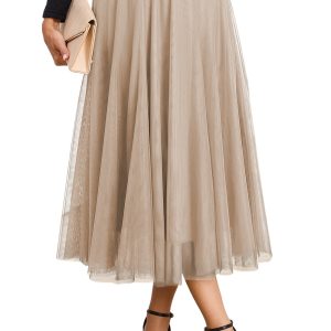 Women's Elegant Apricot Tulle Mesh Midi Skirt – High Waist Flared Long Skirt for Dates - Main View