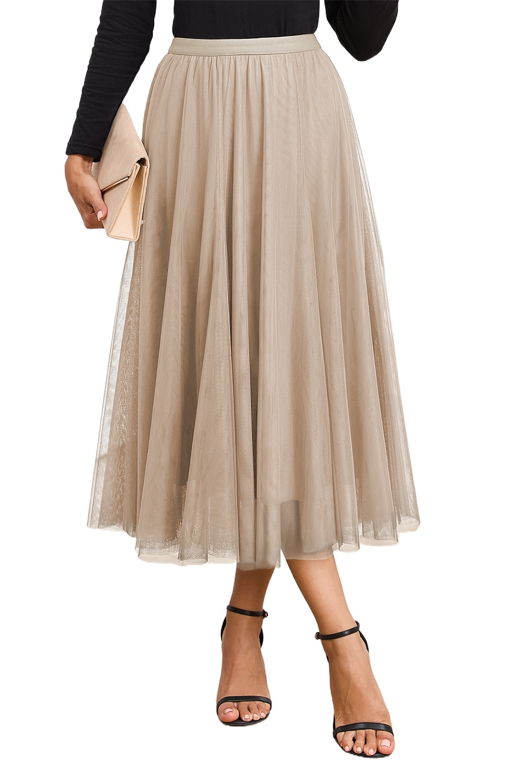 Women's Elegant Apricot Tulle Mesh Midi Skirt – High Waist Flared Long Skirt for Dates - Main View Women's Elegant Apricot Tulle Mesh Midi Skirt – High Waist Flared Long Skirt for Dates - Main View