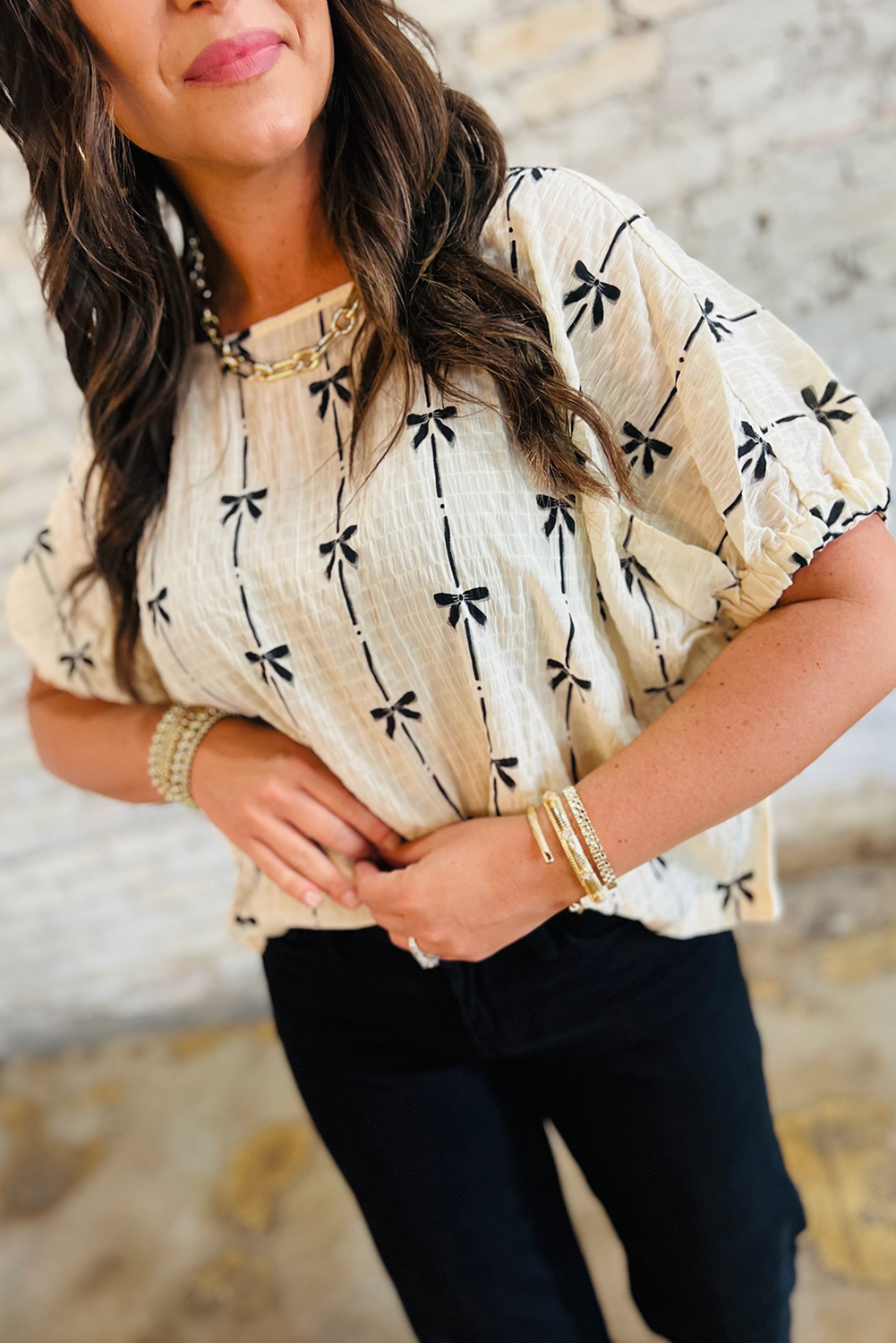 Stylish Women's Beige Puff Sleeve Blouse with Adorable Bow Print - Detail View 2 Stylish Women's Beige Puff Sleeve Blouse with Adorable Bow Print - Detail View 2