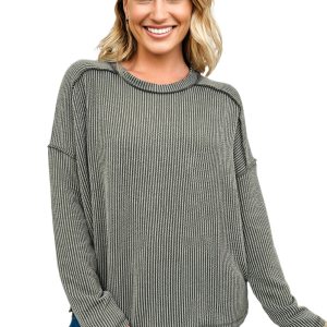 Women's Green Bay Twist Ribbed Long Sleeve Top – Casual Loose Fit for Everyday Wear - Main View