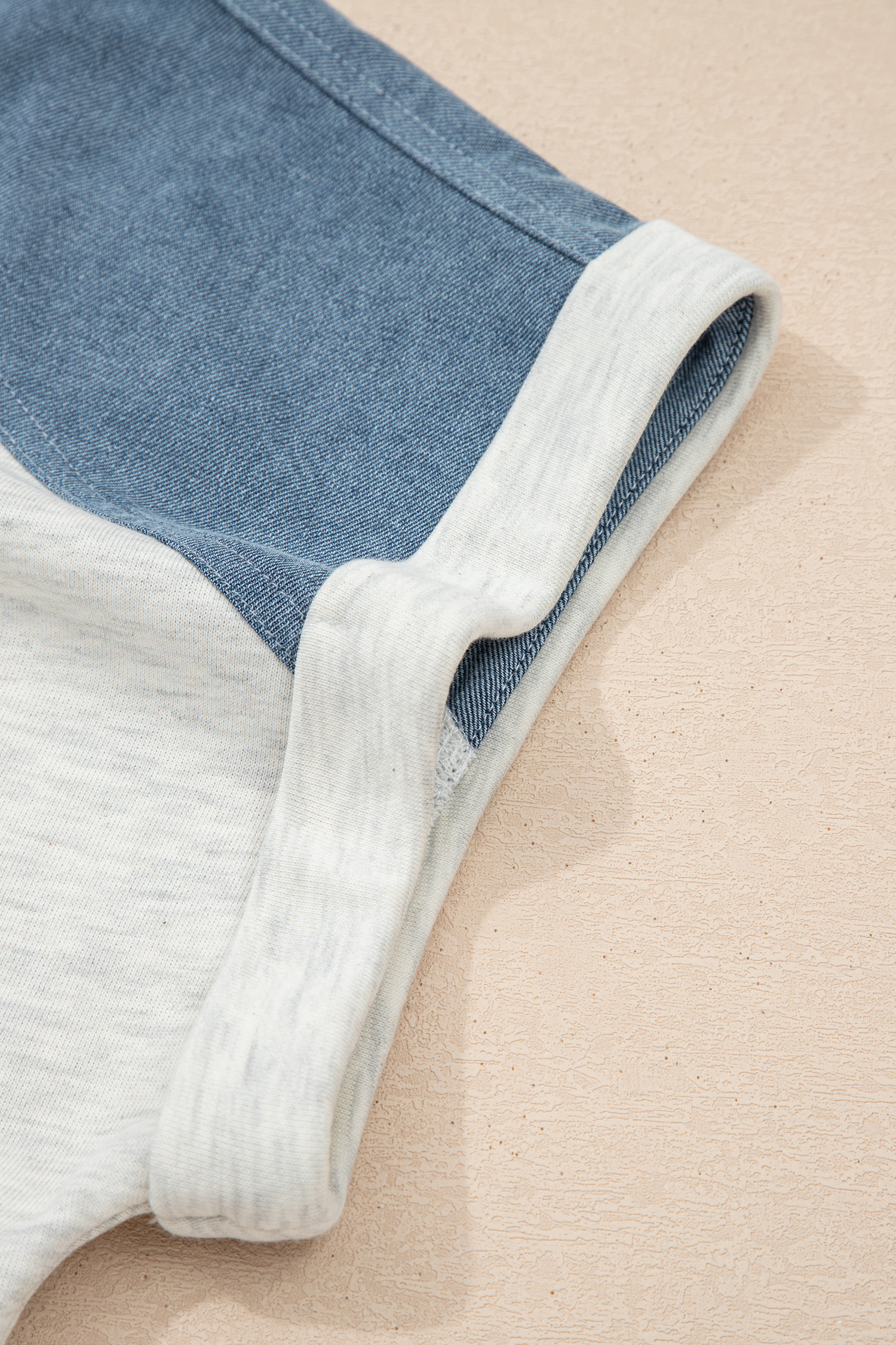 Beige Plus Size Denim Patchwork Polo Tee for Women – Stylish Casual Wear for Everyday Adventures - Detail View 8 Beige Plus Size Denim Patchwork Polo Tee for Women – Stylish Casual Wear for Everyday Adventures - Detail View 8
