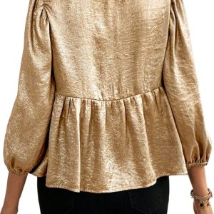 Women's Elegant Gold Bow Tie Front Puff Sleeve Ruffle Hem Blouse - Main View