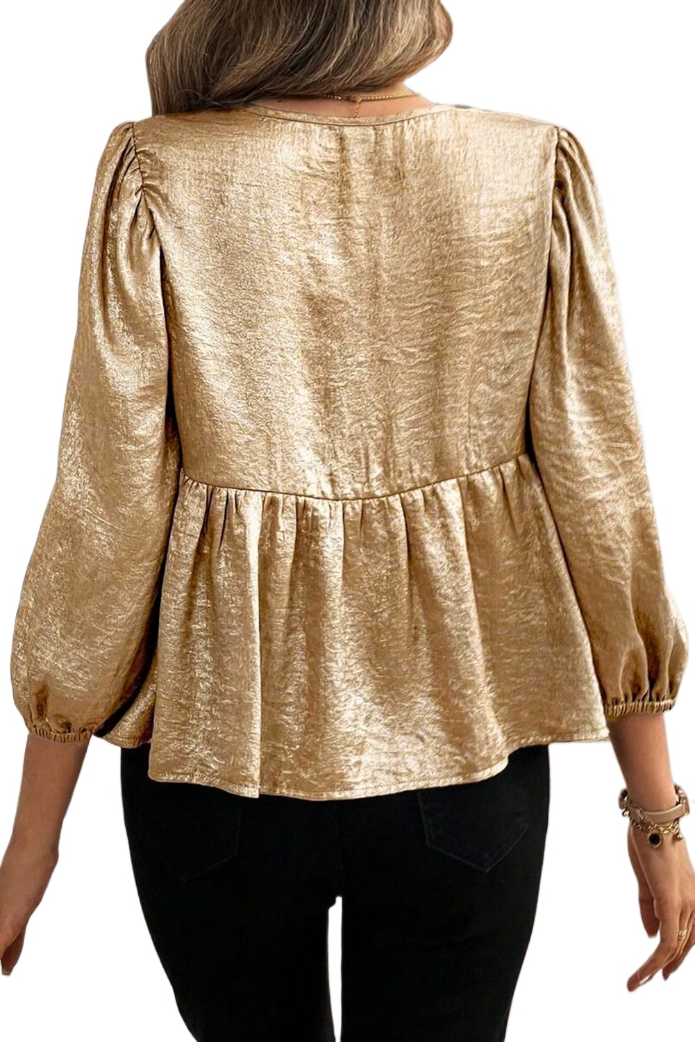 Women's Elegant Gold Bow Tie Front Puff Sleeve Ruffle Hem Blouse - Main View Women's Elegant Gold Bow Tie Front Puff Sleeve Ruffle Hem Blouse - Main View