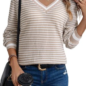 Women's Beige Striped Textured Knit V Neck Top – Casual Style for Daily Wear - Main View