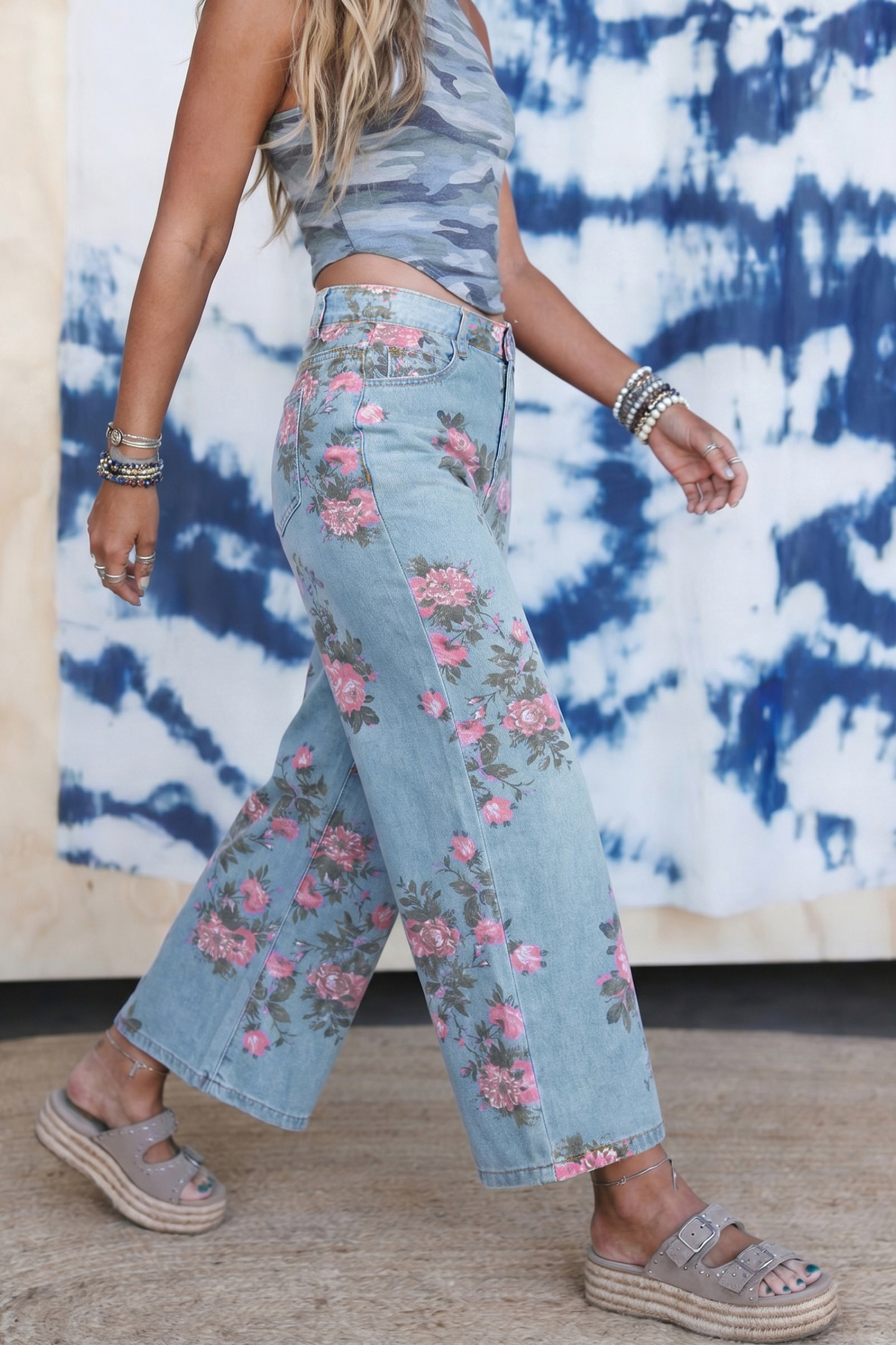 Women's Sky Blue Floral Bootcut Jeans – Southern Belle Style Denim for Vacation & Daily Wear - Detail View 5 Women's Sky Blue Floral Bootcut Jeans – Southern Belle Style Denim for Vacation & Daily Wear - Detail View 5