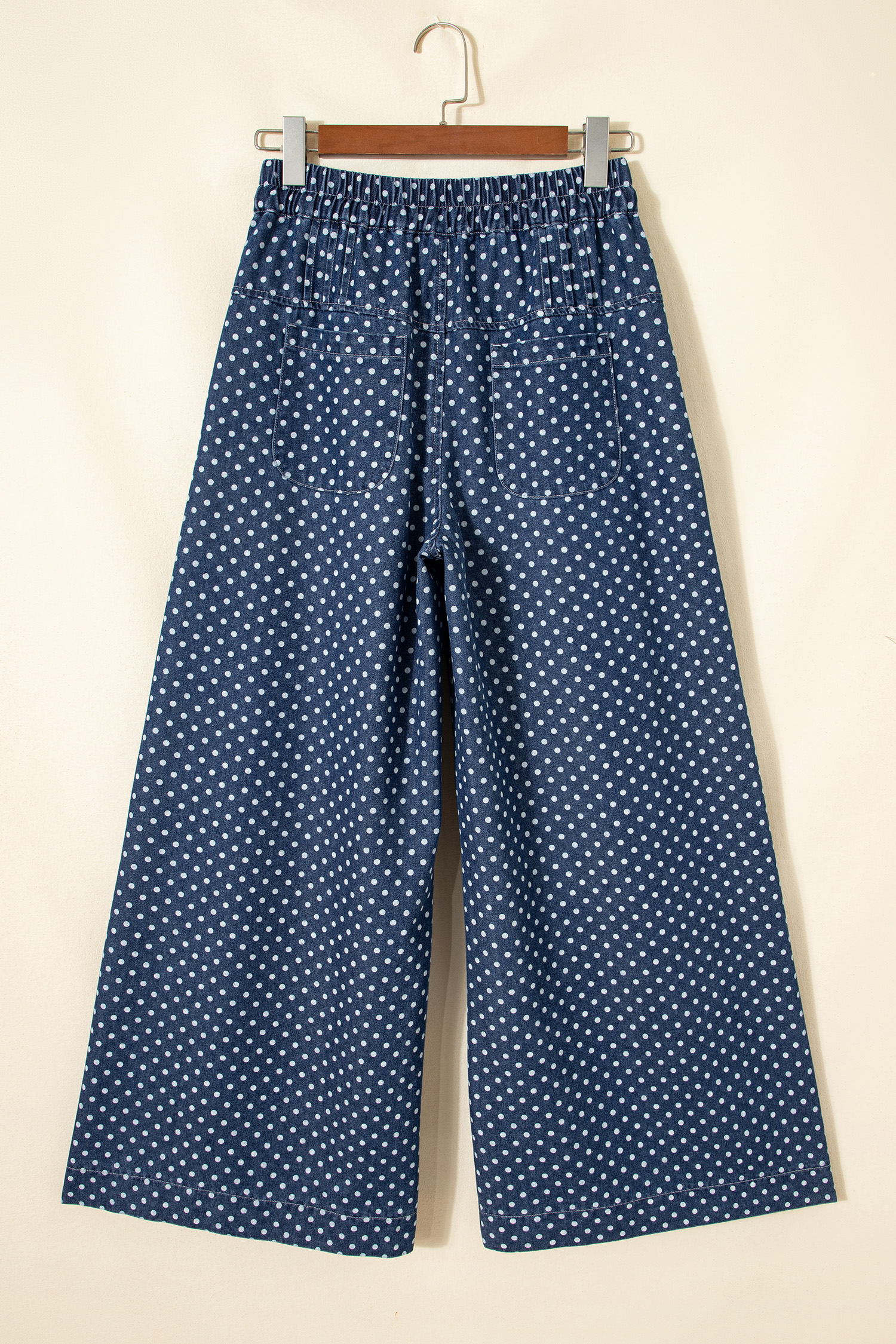 Southern Belle Polka Dot Wide Leg Denim for Women – Sky Blue High Waisted Casual Trousers - Detail View 5 Southern Belle Polka Dot Wide Leg Denim for Women – Sky Blue High Waisted Casual Trousers - Detail View 5