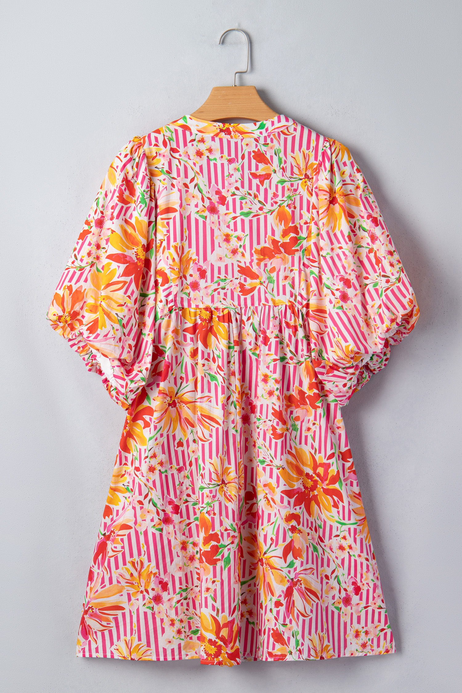Women's Pink Floral Striped Mini Dress – Tie Neck Puff Sleeve, Casual Summer Vacation Outfit - Detail View 7 Women's Pink Floral Striped Mini Dress – Tie Neck Puff Sleeve, Casual Summer Vacation Outfit - Detail View 7