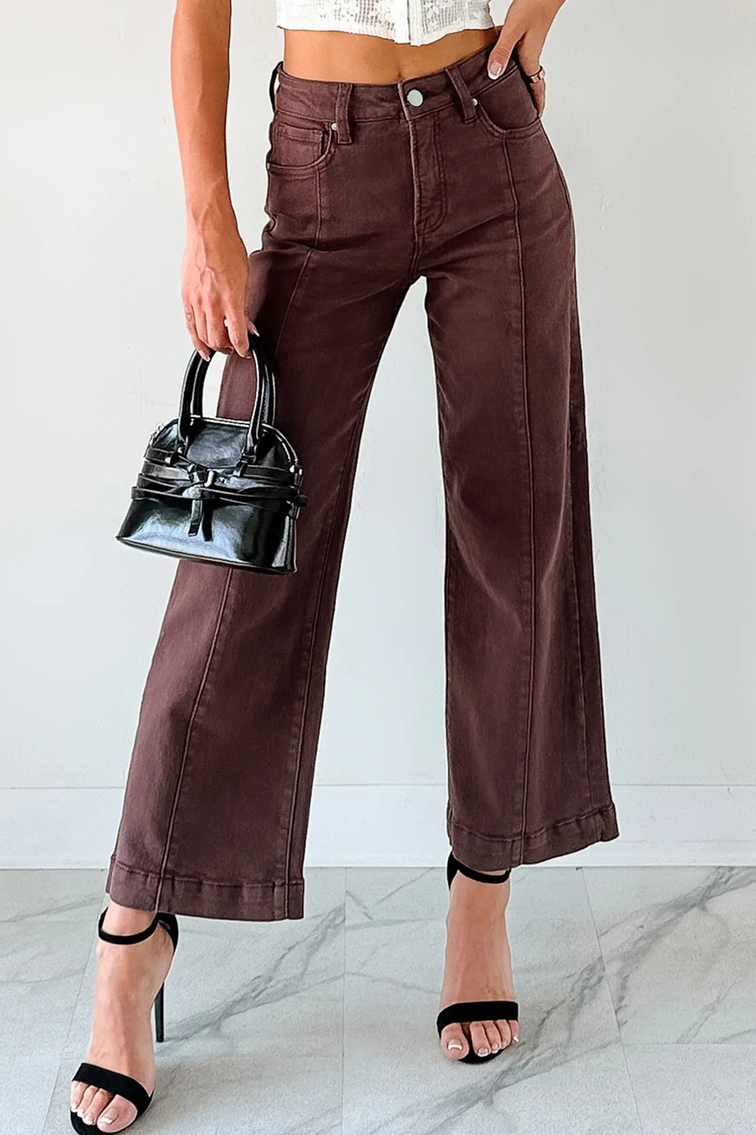 Women's High Waist Seamed Cropped Jeans in Red Sandalwood – Versatile Casual Style - Detail View 5 Women's High Waist Seamed Cropped Jeans in Red Sandalwood – Versatile Casual Style - Detail View 5
