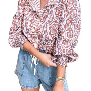 Women's Floral Print Long Sleeve Shirt with Frilled Striped Trim for Daily Wear - Main View