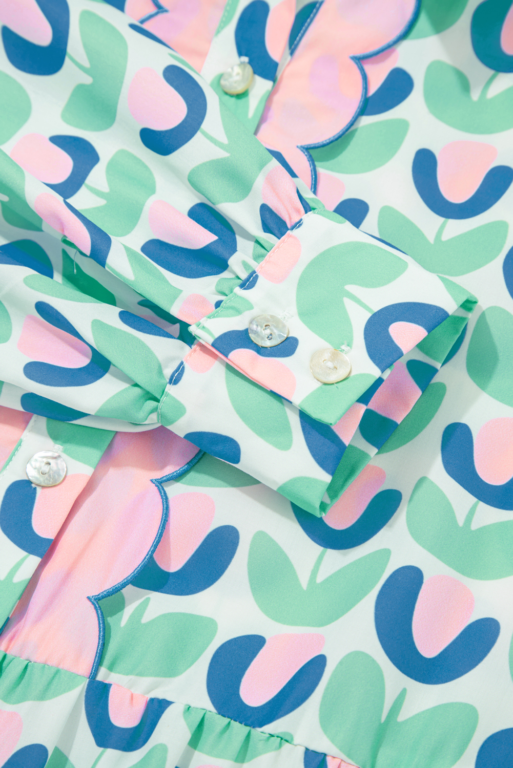 Stylish Long Sleeve Mini Dress for Spring - Green Floral Pattern with Natural Waistline - Detail View 27 Stylish Long Sleeve Mini Dress for Spring - Green Floral Pattern with Natural Waistline - Detail View 27