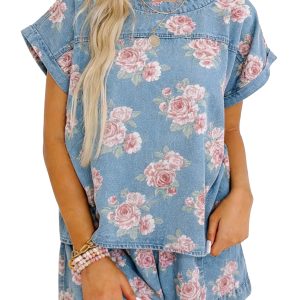Floral Denim Women's Top & Shorts Set – Casual Summer Wear - Main View