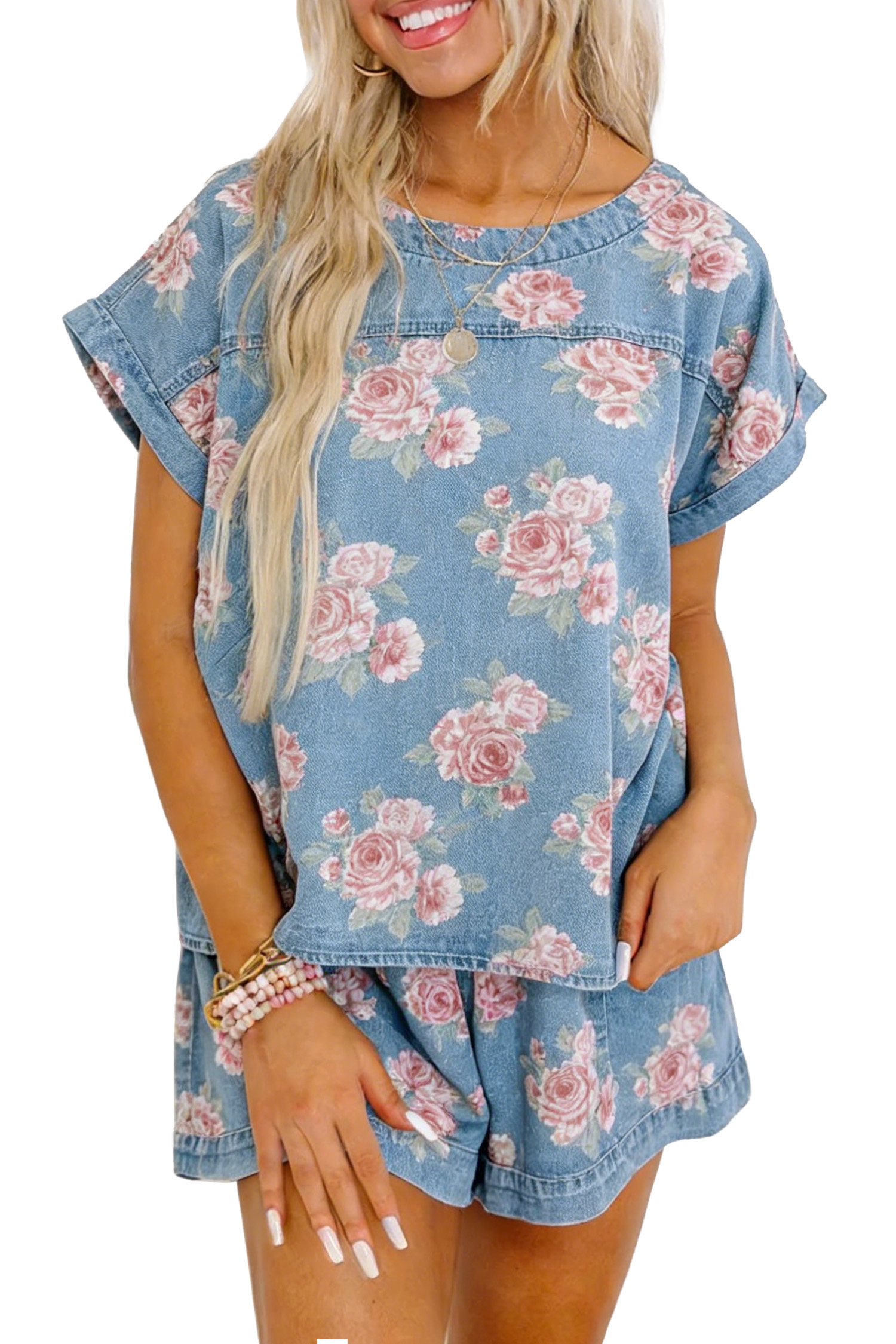 Floral Denim Women's Top & Shorts Set – Casual Summer Wear - Main View Floral Denim Women's Top & Shorts Set – Casual Summer Wear - Main View