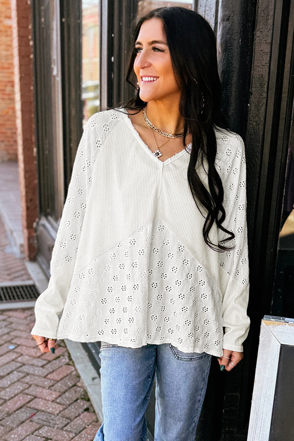Women's White Twisted Rib Patchwork Embroidered V Neck Long Sleeve Top - Detail View 5 Women's White Twisted Rib Patchwork Embroidered V Neck Long Sleeve Top - Detail View 5