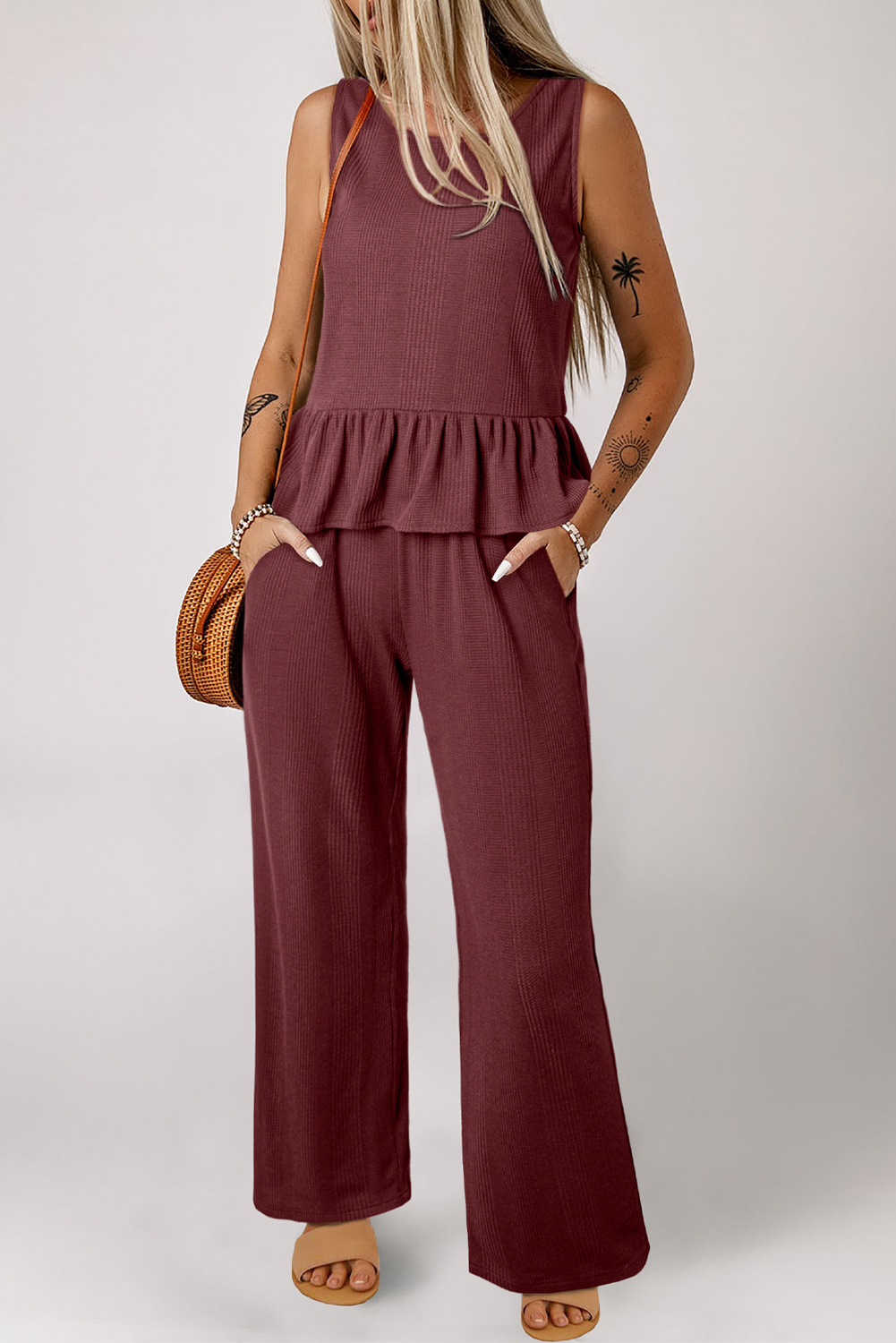 Women's Two Piece Set, Red Dahlia, Ribbed Texture, Ruffle Tank Top, High Waist Pants, Casual Wear, Daily Outfit, Sleeveless Top, Wide Leg Pants, Solid Color, Summer Fashion, Comfortable Loungewear, Easy Layering, Feminine Style - Detail View 4 Women's Two Piece Set, Red Dahlia, Ribbed Texture, Ruffle Tank Top, High Waist Pants, Casual Wear, Daily Outfit, Sleeveless Top, Wide Leg Pants, Solid Color, Summer Fashion, Comfortable Loungewear, Easy Layering, Feminine Style - Detail View 4