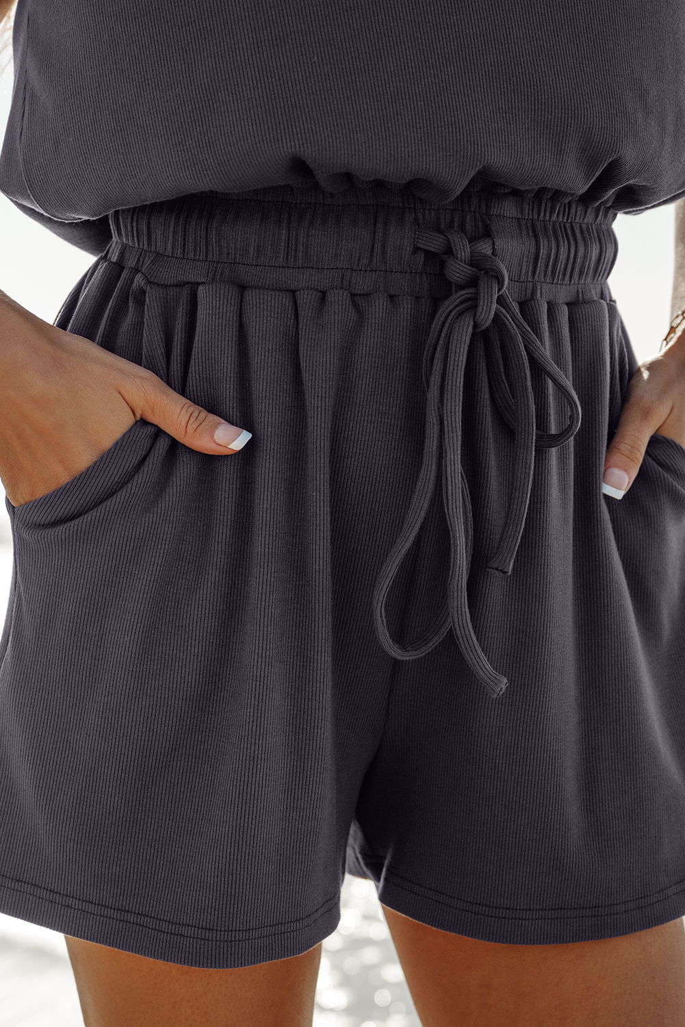 Women's Romper, Bristol Black, Knit, Open Back, Cap Sleeves, Drawstring Waist, Casual Style, Daily Wear, Comfortable Fit, Summer Fashion, Solid Color, Shift Silhouette, High Waist, Versatile Outfit, Jumpsuits & Rompers - Detail View 8 Women's Romper, Bristol Black, Knit, Open Back, Cap Sleeves, Drawstring Waist, Casual Style, Daily Wear, Comfortable Fit, Summer Fashion, Solid Color, Shift Silhouette, High Waist, Versatile Outfit, Jumpsuits & Rompers - Detail View 8