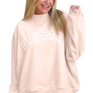 Light Pink Oversize Blessed Embroidered Mock Neck Sweatshirt for Women – Cozy Casual Fall Style - Main View