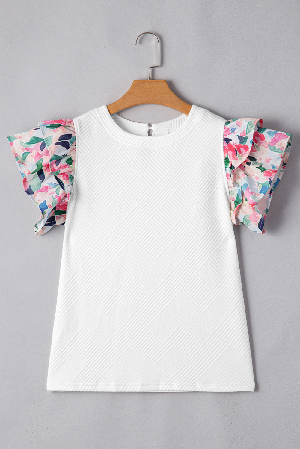 Women's White Abstract Print Tiered Ruffled Sleeve Textured Knit Top - Detail View 13 Women's White Abstract Print Tiered Ruffled Sleeve Textured Knit Top - Detail View 13