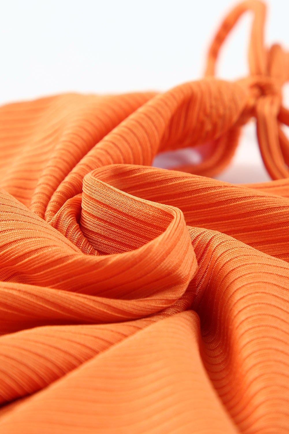 Women's Orange Adjustable Straps Ribbed Knit One Piece Swimsuit with V Neck - Detail View 9 Women's Orange Adjustable Straps Ribbed Knit One Piece Swimsuit with V Neck - Detail View 9