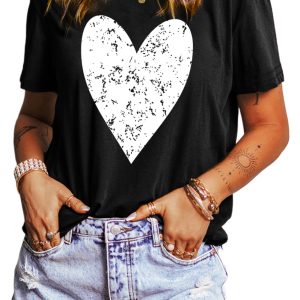 Women's Black Valentine's Heart Printed Round Neck T-Shirt - Casual Love Graphic Tee - Main View