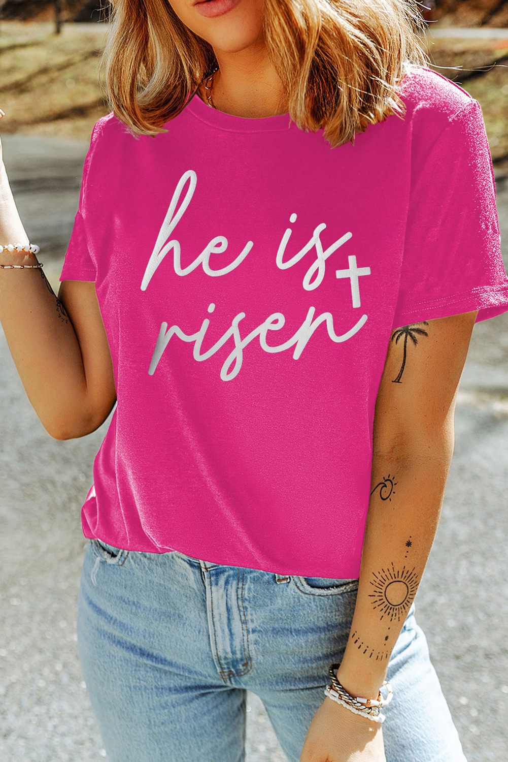 Women's Graphic Tee, Rose Red, Glitter Cross, He Is Risen, Crewneck T-Shirt, Short Sleeve, Casual Wear, Easter Apparel, Summer Fashion, Comfortable Fit, Trendy Style, Daily Wear, Slogan Shirt, Relaxed Silhouette - Detail View 4 Women's Graphic Tee, Rose Red, Glitter Cross, He Is Risen, Crewneck T-Shirt, Short Sleeve, Casual Wear, Easter Apparel, Summer Fashion, Comfortable Fit, Trendy Style, Daily Wear, Slogan Shirt, Relaxed Silhouette - Detail View 4