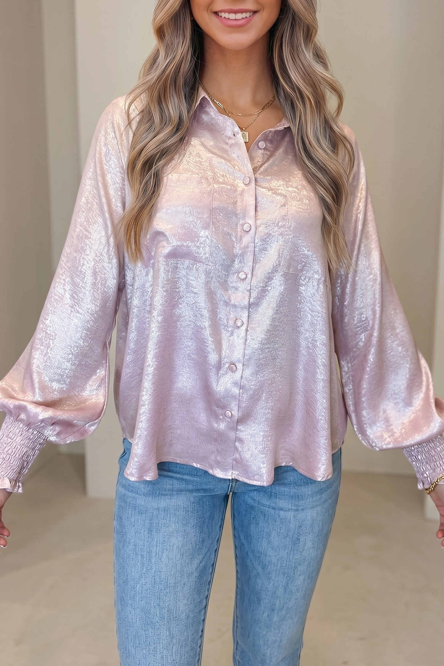 Metallic Ruffle Cuff Blouse, Women's Fall Office Button Shirt - Detail View 2 Metallic Ruffle Cuff Blouse, Women's Fall Office Button Shirt - Detail View 2