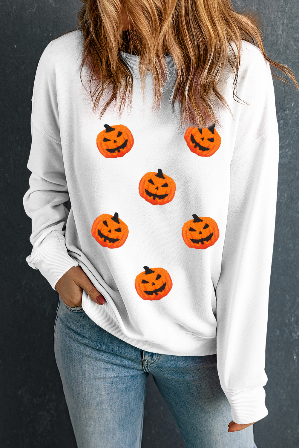 Halloween Sweatshirt, White Crew Neck, Pumpkin Face, Long Sleeve, Casual Wear, Fall Fashion, Daily Outfit, Comfortable, 50% Polyester, 50% Cotton, Seasonal Apparel, Fruits & Plants Pattern - Detail View 8 Halloween Sweatshirt, White Crew Neck, Pumpkin Face, Long Sleeve, Casual Wear, Fall Fashion, Daily Outfit, Comfortable, 50% Polyester, 50% Cotton, Seasonal Apparel, Fruits & Plants Pattern - Detail View 8