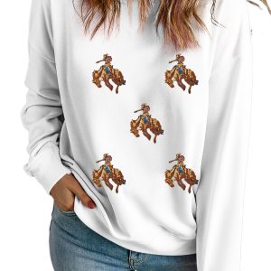 Women's White Sequin Rodeo Patched Drop Shoulder Long Sleeve Sweatshirt - Main View