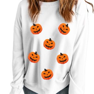 Festive White Pumpkin Face Patched Pattern Crew Neck Sweatshirt for Halloween - Main View