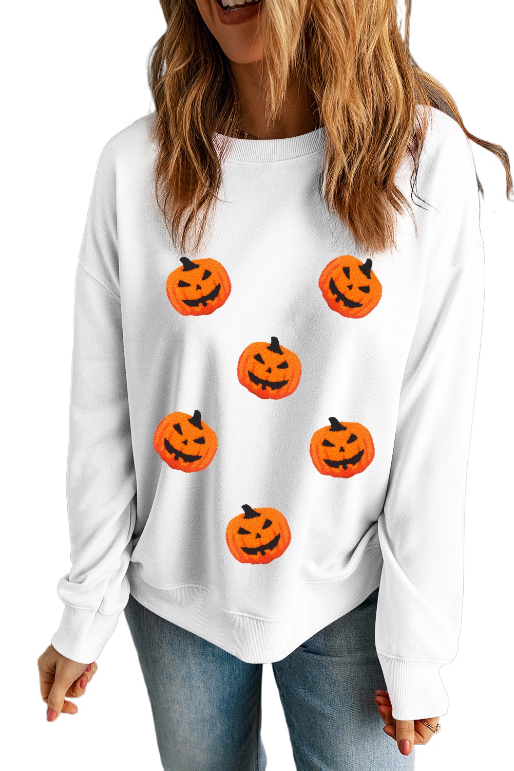 Festive White Pumpkin Face Patched Pattern Crew Neck Sweatshirt for Halloween - Main View Festive White Pumpkin Face Patched Pattern Crew Neck Sweatshirt for Halloween - Main View