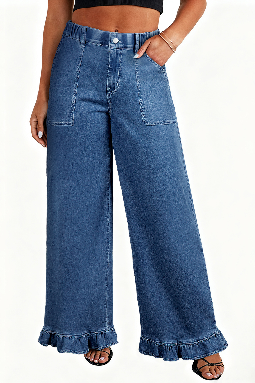 Chic Plus Size Ruffled Wide Leg Denim Pants in Sail Blue – Perfect for Daily Wear - Detail View 20 Chic Plus Size Ruffled Wide Leg Denim Pants in Sail Blue – Perfect for Daily Wear - Detail View 20