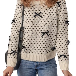 Chic Beige Bow Decor Color Contrast Ribbed Edge Crew Neck Sweater for Women - Main View