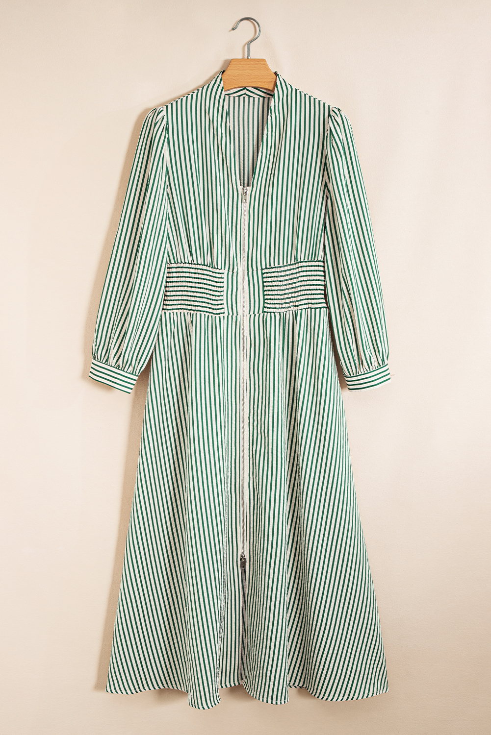 Women's Dress, Green Stripe, Midi Dress, V Neck, Zip Front, Cinched Waist, A-Line Silhouette, Long Sleeve, Casual Style, Daily Wear, Fall Fashion, Striped Pattern, Comfortable Fit, Pockets, Elegant Design - Detail View 8 Women's Dress, Green Stripe, Midi Dress, V Neck, Zip Front, Cinched Waist, A-Line Silhouette, Long Sleeve, Casual Style, Daily Wear, Fall Fashion, Striped Pattern, Comfortable Fit, Pockets, Elegant Design - Detail View 8