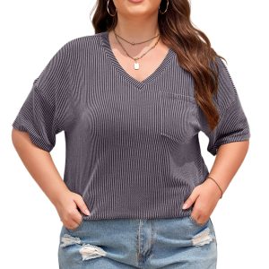 Women's Light Grey Textured V-Neck Plus T-Shirt – Casual Short Sleeve Top for Summer Outings - Main View