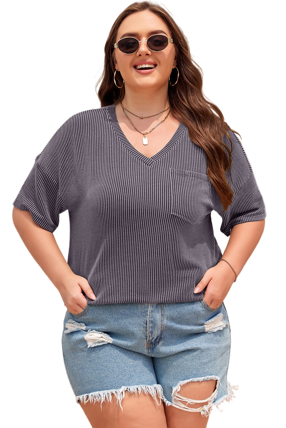 Women's Light Grey Textured V-Neck Plus T-Shirt – Casual Short Sleeve Top for Summer Outings - Main View Women's Light Grey Textured V-Neck Plus T-Shirt – Casual Short Sleeve Top for Summer Outings - Main View