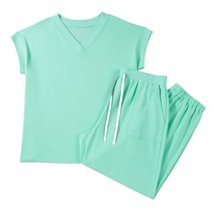 Women's Mint Green Two-Piece Lounge Set – V-Neck Short Sleeve Tee and High Waist Pants - Main View