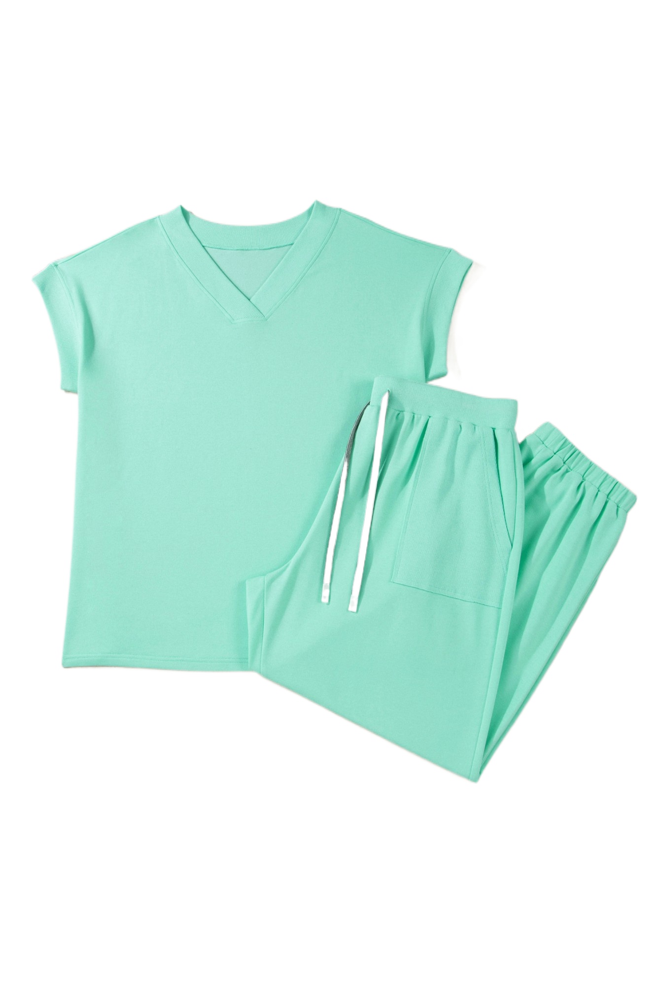 Women's Mint Green Two-Piece Lounge Set – V-Neck Short Sleeve Tee and High Waist Pants - Main View Women's Mint Green Two-Piece Lounge Set – V-Neck Short Sleeve Tee and High Waist Pants - Main View