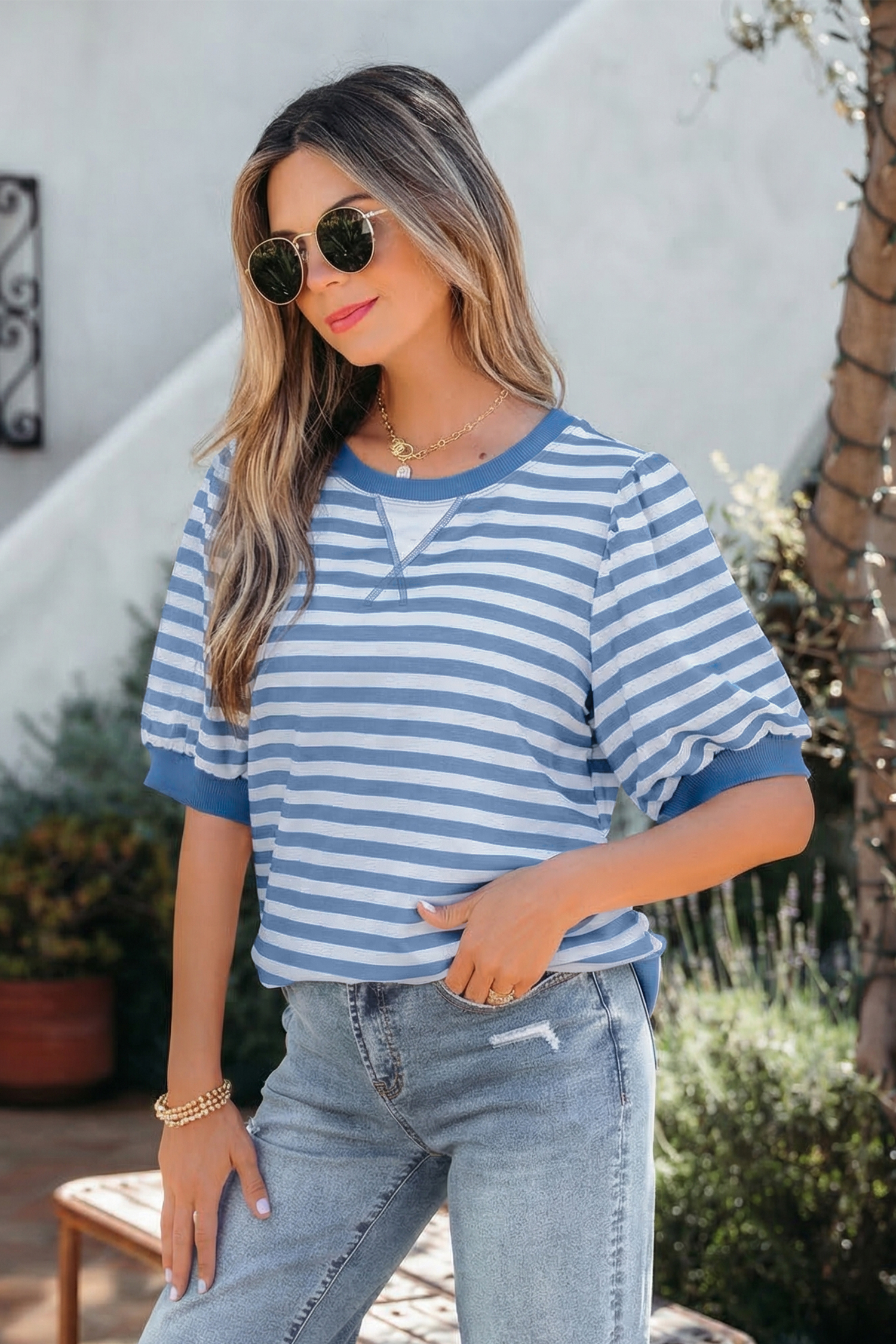 Women's Colorblock Striped Top – Short Bubble Sleeve Round Neck Shirt for Daily Wear - Detail View 3 Women's Colorblock Striped Top – Short Bubble Sleeve Round Neck Shirt for Daily Wear - Detail View 3