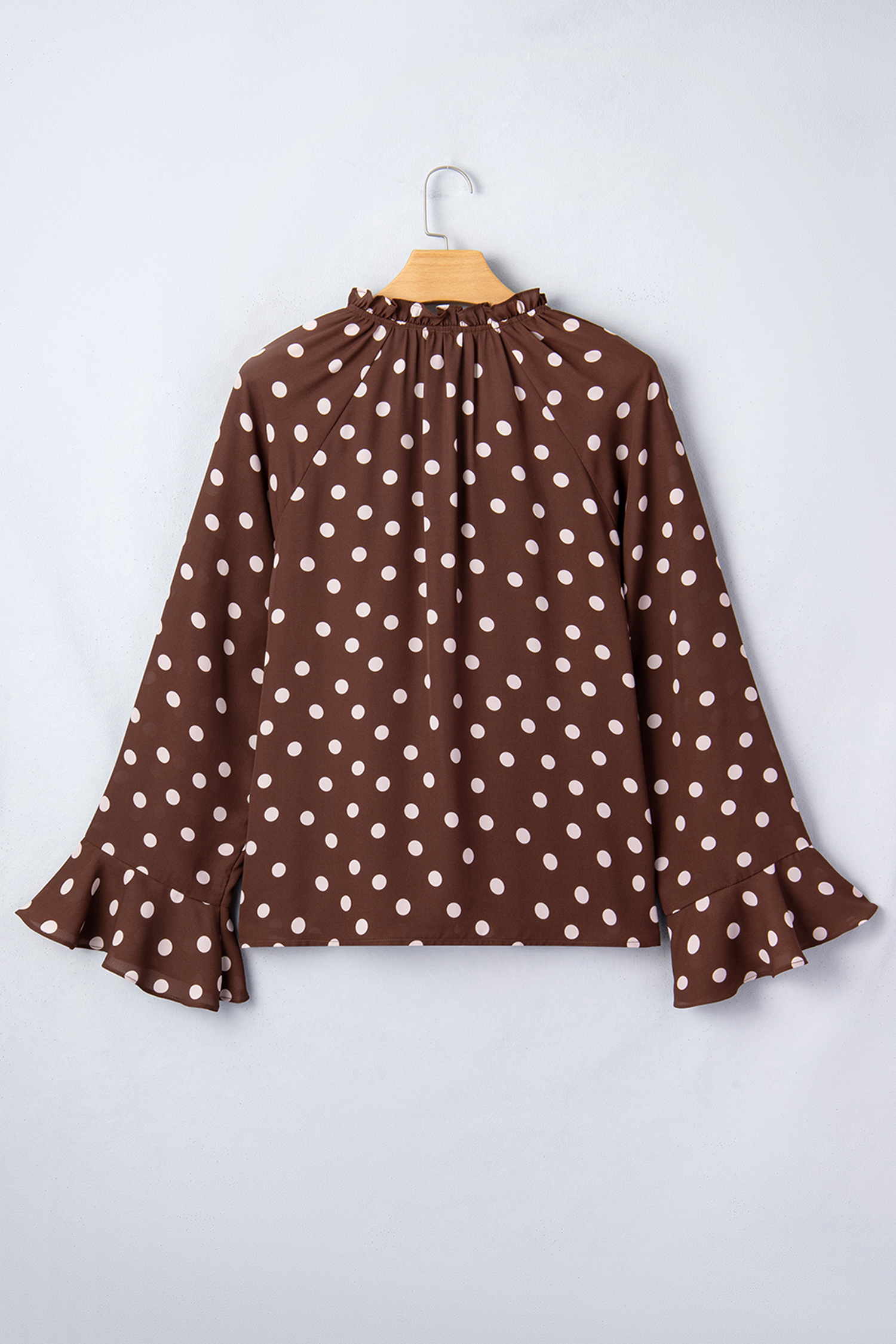 Women's Coffee Polka Dot Print Ruffle Trim Blouse – Elegant Long Sleeve V Neck Top for Office - Detail View 7 Women's Coffee Polka Dot Print Ruffle Trim Blouse – Elegant Long Sleeve V Neck Top for Office - Detail View 7